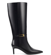 Women's black high shine leather knee high boot with stiletto heel and sharp pointed toe