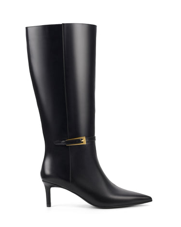 Women's black high shine leather knee high boot with stiletto heel and sharp pointed toe