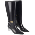 Women's black high shine leather knee high boot with stiletto heel and sharp pointed toe