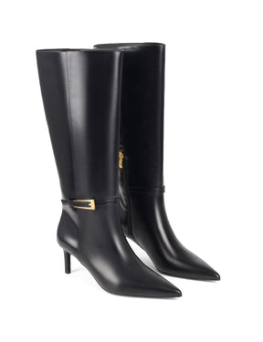 Women's black high shine leather knee high boot with stiletto heel and sharp pointed toe