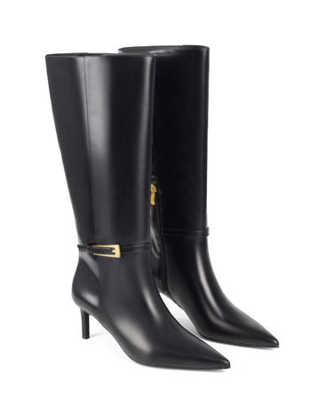 Women's black high shine leather knee high boot with stiletto heel and sharp pointed toe