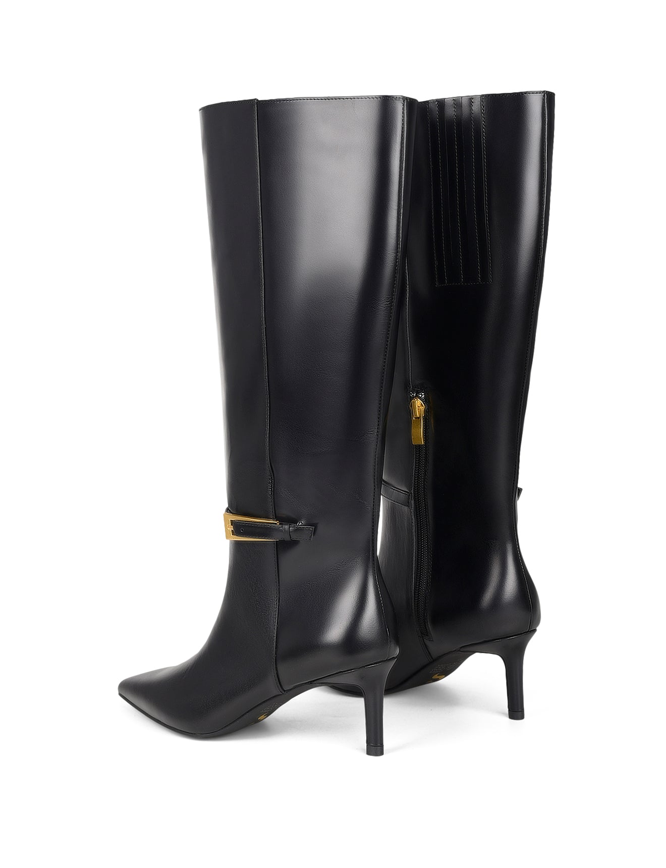 Women's black high shine leather knee high boot with stiletto heel and sharp pointed toe