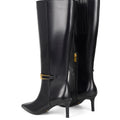 Women's black high shine leather knee high boot with stiletto heel and sharp pointed toe