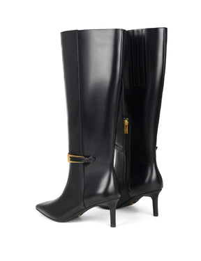 Women's black high shine leather knee high boot with stiletto heel and sharp pointed toe