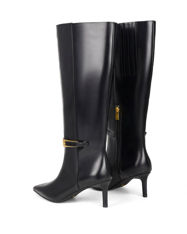 Women's black high shine leather knee high boot with stiletto heel and sharp pointed toe