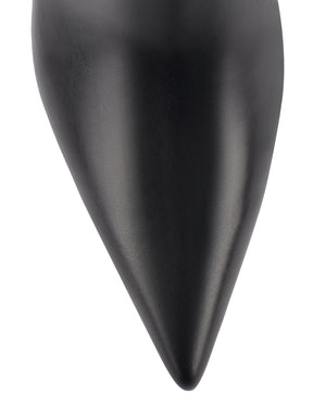 Women's black high shine leather knee high boot with stiletto heel and sharp pointed toe