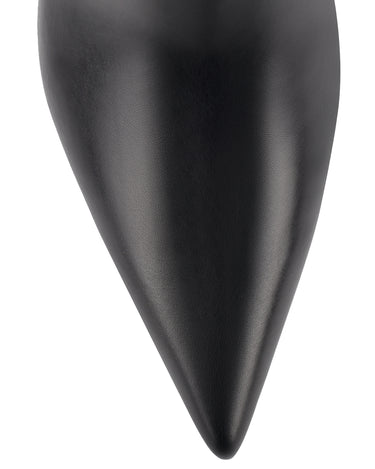 Women's black high shine leather knee high boot with stiletto heel and sharp pointed toe