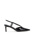 Women's black patent leather kitten heel pointed toe slingback with asymmetric strap detail