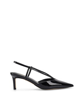 Women's black patent leather kitten heel pointed toe slingback with asymmetric strap detail
