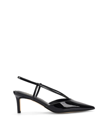 Women's black patent leather kitten heel pointed toe slingback with asymmetric strap detail