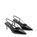 Women's black patent leather kitten heel pointed toe slingback with asymmetric strap detail