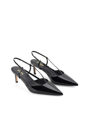 Women's black patent leather kitten heel pointed toe slingback with asymmetric strap detail
