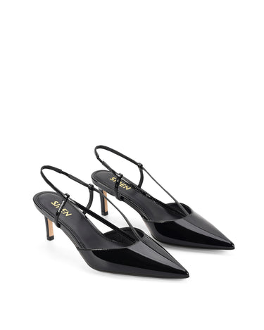 Women's black patent leather kitten heel pointed toe slingback with asymmetric strap detail