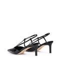Women's black patent leather kitten heel pointed toe slingback with asymmetric strap detail