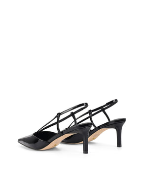 Women's black patent leather kitten heel pointed toe slingback with asymmetric strap detail