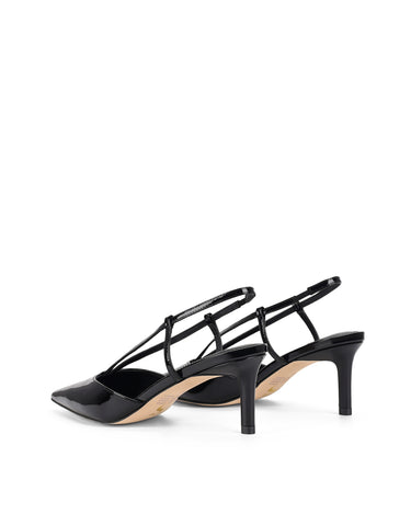 Women's black patent leather kitten heel pointed toe slingback with asymmetric strap detail