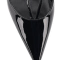 Women's black patent leather kitten heel pointed toe slingback with asymmetric strap detail