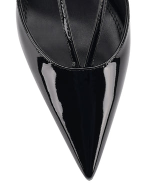 Women's black patent leather kitten heel pointed toe slingback with asymmetric strap detail