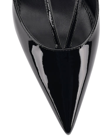 Women's black patent leather kitten heel pointed toe slingback with asymmetric strap detail