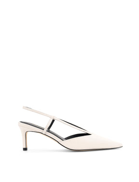 Women's chalk white leather kitten heel pointed toe slingback with asymmetric strap detail