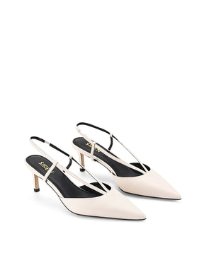 Women's chalk white leather kitten heel pointed toe slingback with asymmetric strap detail