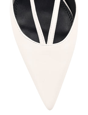 Women's chalk white leather kitten heel pointed toe slingback with asymmetric strap detail