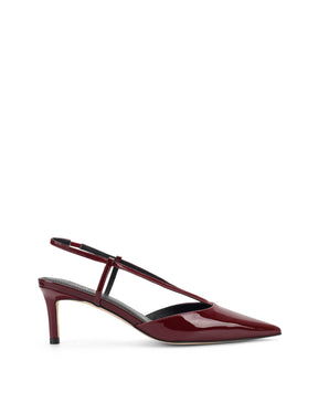 Women's red wine patent leather kitten heel pointed toe slingback with asymmetric strap detail