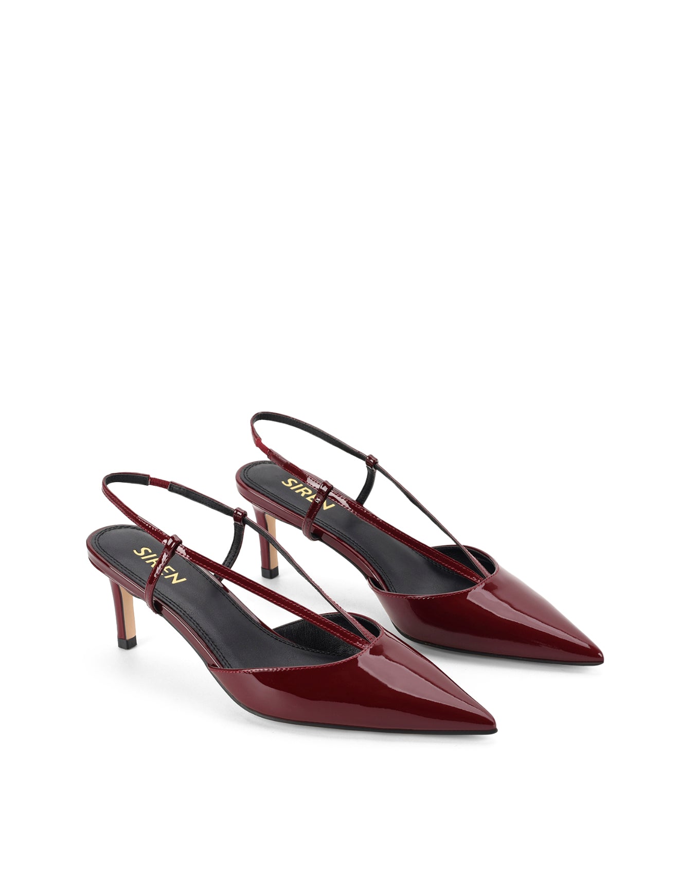 Women's red wine patent leather kitten heel pointed toe slingback with asymmetric strap detail