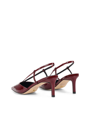 Women's red wine patent leather kitten heel pointed toe slingback with asymmetric strap detail