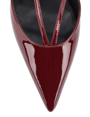 Women's red wine patent leather kitten heel pointed toe slingback with asymmetric strap detail