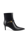 Women's black leather ankle boot with stiletto heel, pointed toe and gold buckle detailing