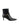 Women's black leather ankle boot with stiletto heel, pointed toe and gold buckle detailing