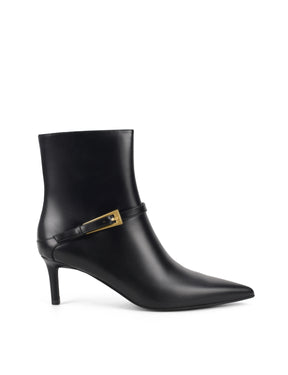 Women's black leather ankle boot with stiletto heel, pointed toe and gold buckle detailing