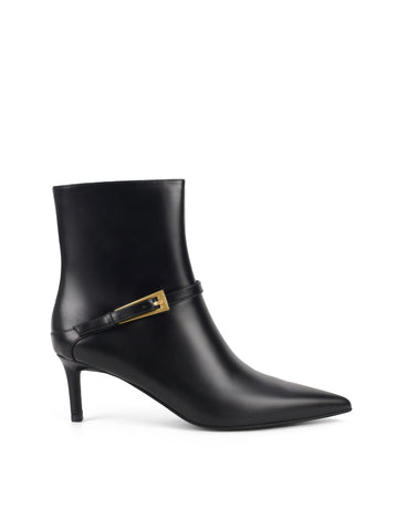 Women's black leather ankle boot with stiletto heel, pointed toe and gold buckle detailing