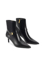 Women's black leather ankle boot with stiletto heel, pointed toe and gold buckle detailing