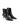 Women's black leather ankle boot with stiletto heel, pointed toe and gold buckle detailing