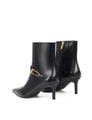 Women's black leather ankle boot with stiletto heel, pointed toe and gold buckle detailing
