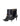 Women's black leather ankle boot with stiletto heel, pointed toe and gold buckle detailing