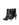 Women's black leather ankle boot with stiletto heel, pointed toe and gold buckle detailing