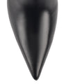 Women's black leather ankle boot with stiletto heel, pointed toe and gold buckle detailing