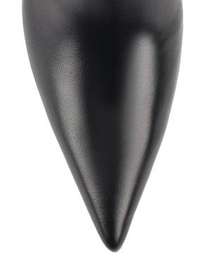 Women's black leather ankle boot with stiletto heel, pointed toe and gold buckle detailing