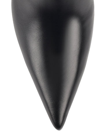 Women's black leather ankle boot with stiletto heel, pointed toe and gold buckle detailing