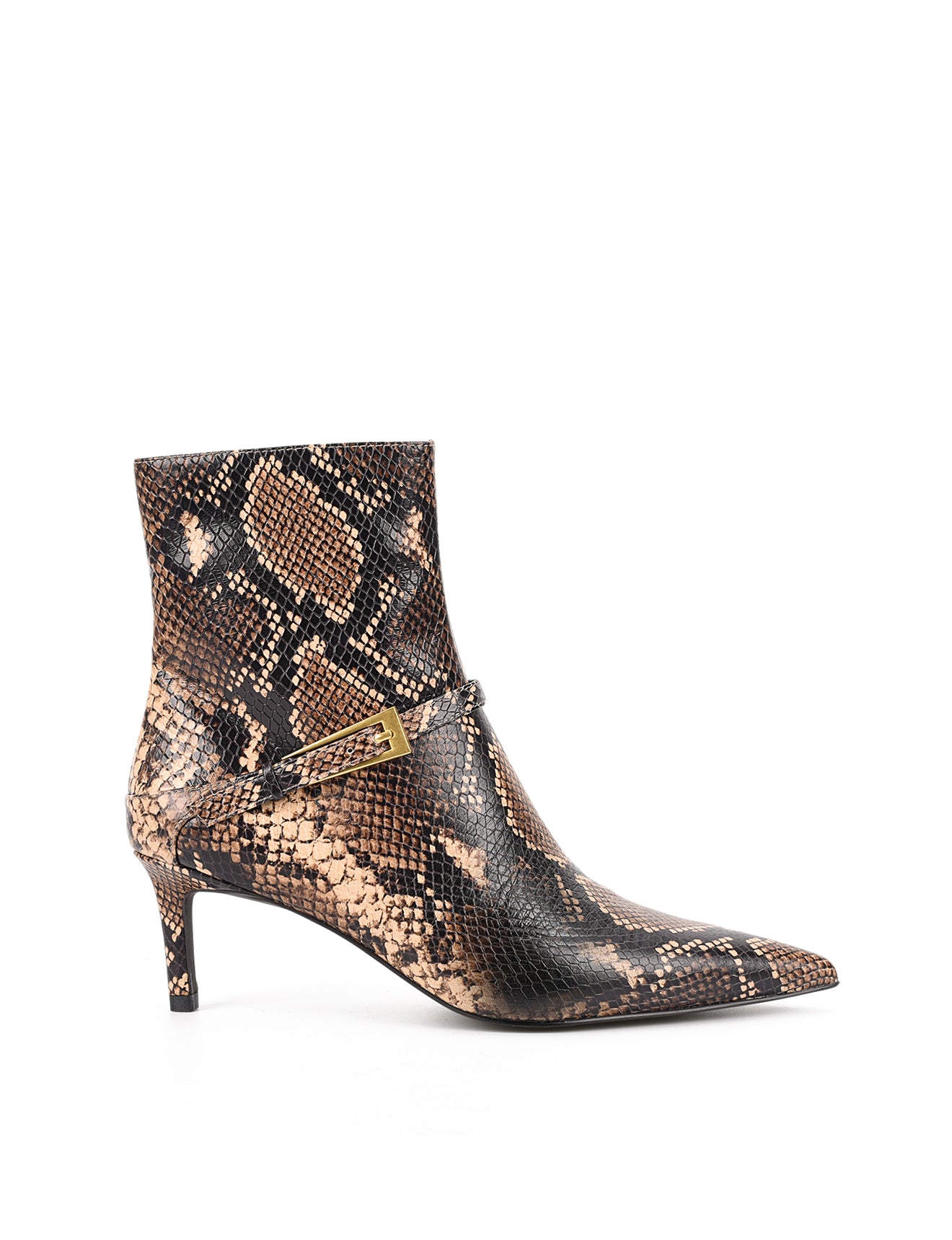 Women's brown snake print leather ankle boot with stiletto heel, pointed toe and gold buckle detailing