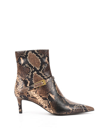 Women's brown snake print leather ankle boot with stiletto heel, pointed toe and gold buckle detailing
