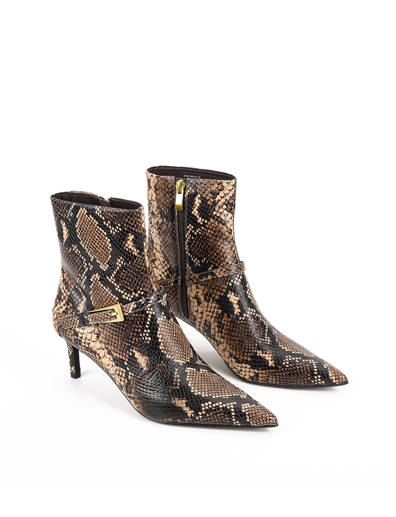 Women's brown snake print leather ankle boot with stiletto heel, pointed toe and gold buckle detailing
