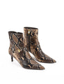 Women's brown snake print leather ankle boot with stiletto heel, pointed toe and gold buckle detailing