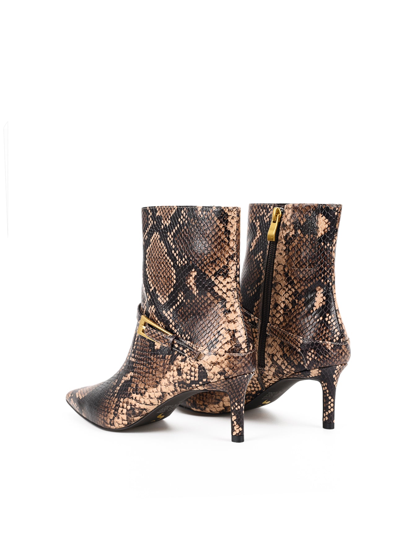 Women's brown snake print leather ankle boot with stiletto heel, pointed toe and gold buckle detailing