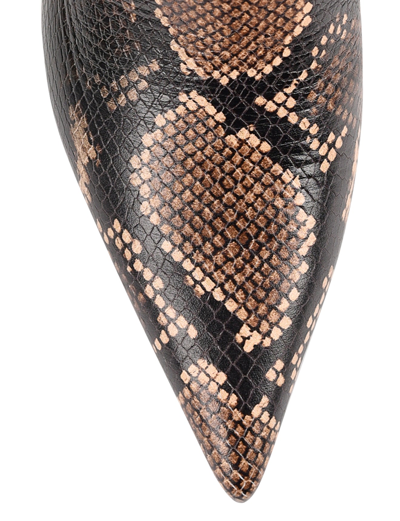 Women's brown snake print leather ankle boot with stiletto heel, pointed toe and gold buckle detailing