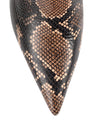 Women's brown snake print leather ankle boot with stiletto heel, pointed toe and gold buckle detailing