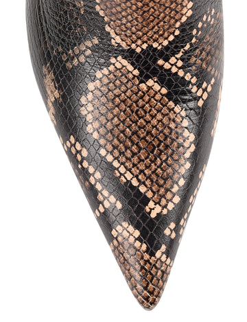 Women's brown snake print leather ankle boot with stiletto heel, pointed toe and gold buckle detailing